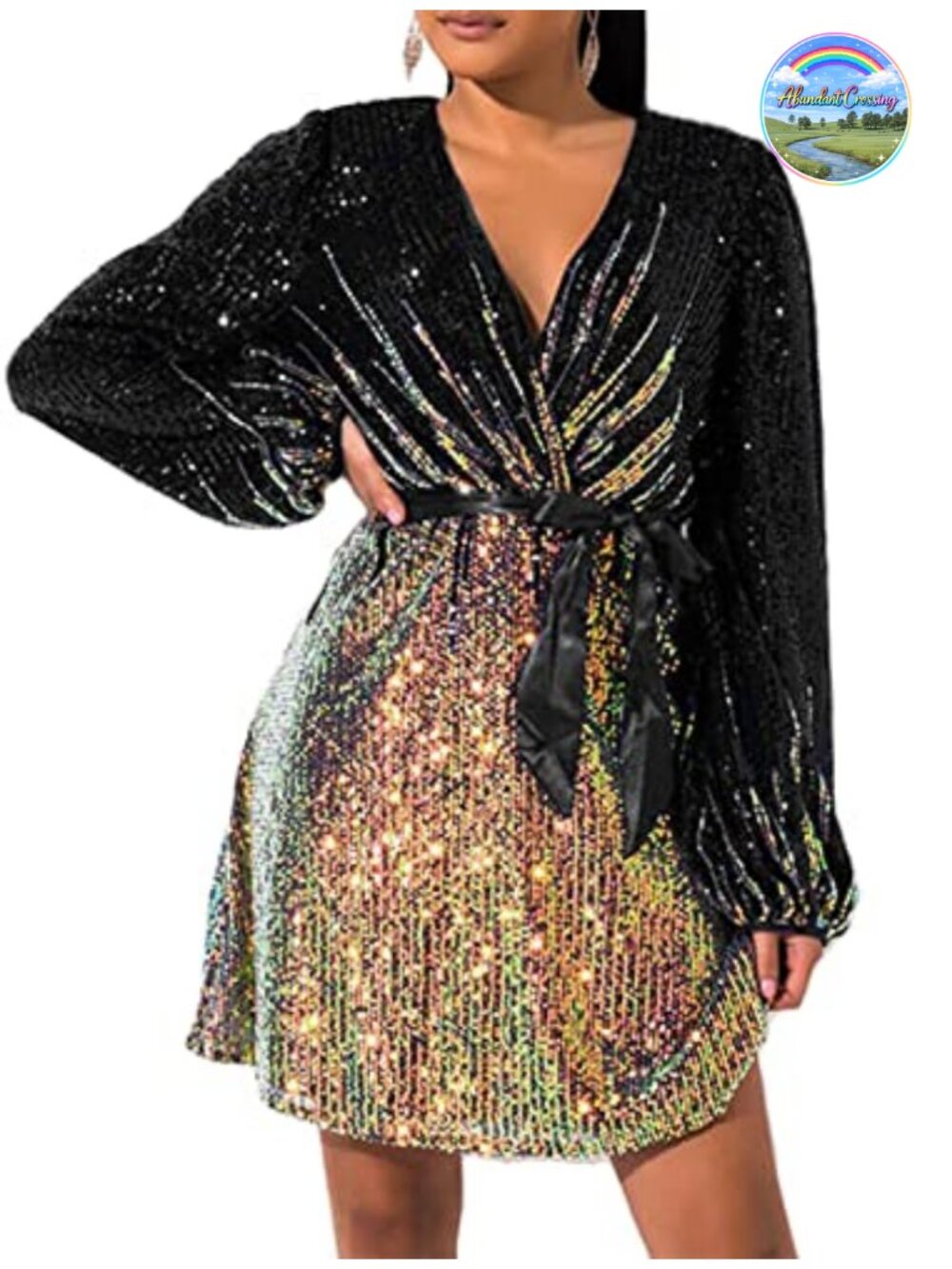 Plus Size Sequin Cocktail Dress Long Sleeve V-Neck with Pockets